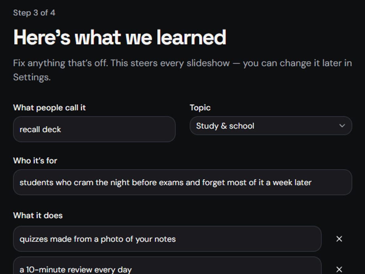 The brief screen for an example app, with editable fields