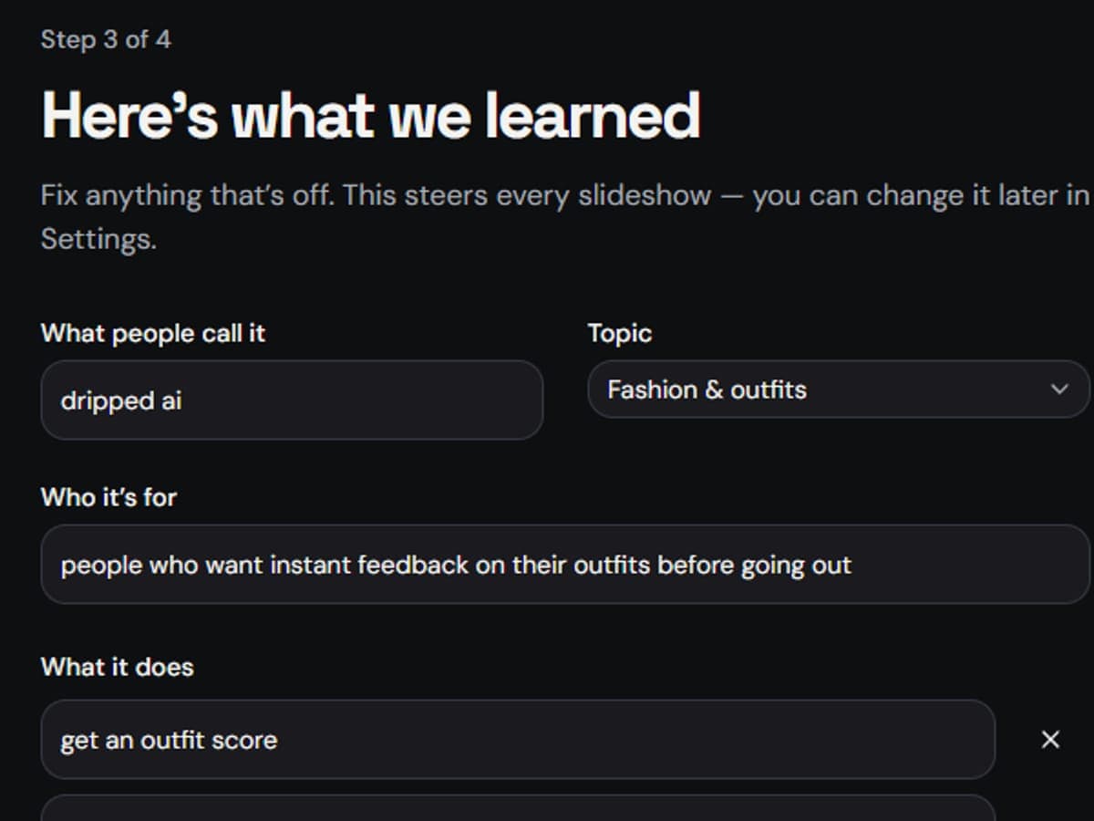 The brief screen, with what we learned about the app in editable fields